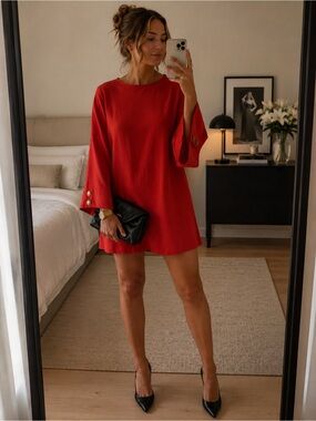 SCAPA Lauren Perre Red Bell Sleeve Shift Dress Size L,Gold Buttons